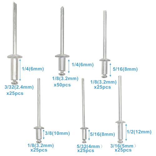 175PCS Rivets Assortment Kit, Aluminum Blind Rivets with Case, Durable & Corrosion-Resistant for Metal Joining Tasks, Includes 3/32", 1/8", 5/32" and 3/16" Sizes for Versatile Applications