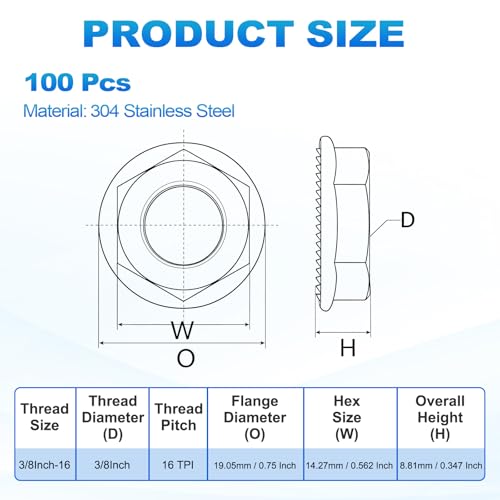 100Pcs Serrated Flange Hex Nuts-3/8-16-UNC 304 SS Bright Finish - color: Silver, size: 3/8"-16