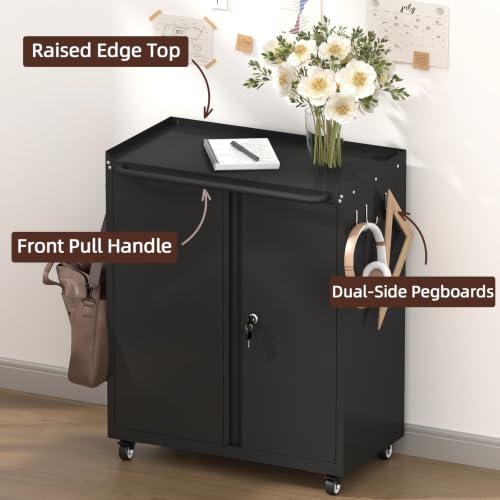 Garage Storage Cabinet with Wheels, Black Storage Cabinet with Adjustable Shelves, Rolling Cabinet with Dual-Side Pegboard, Tool Cabinets for Garage, Basement, Home Office - color: 32"h - Black