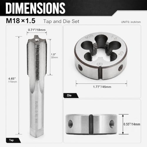 M18 X 1.5mm Metric Tap and Die Set, HSS Straight Fluted Machine Thread Tap Right Hand Screw Tap and Round Thread Die for Mold Repair and Metalworking - size: M18x1.5