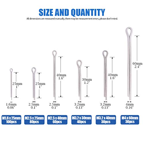 Glarks 340-Pieces 6 Sizes 304 Stainless Steel Cotter Pin Clip Key Fastner Fitting Assortment Kit for Automotive, Mechanics, Car Garage, Power Equipment, Cars, Trucks, Lawn Mower, Small Engine Repair