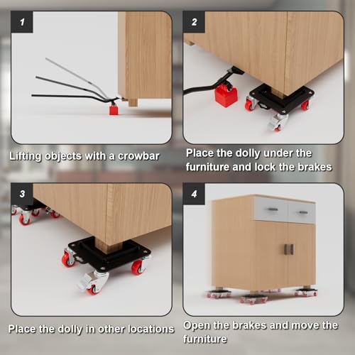 MYUEA Furniture Dolly 5 Wheels Heavy Duty with Removable Side Guards,3307 Lbs Capacity,360° Rotating Wheels & Tail Brake,Furniture Movers Lifter Tool with Wheels for Appliances,Sofas,Beds,Pianos - color: Red, size: 1.57 in wheels