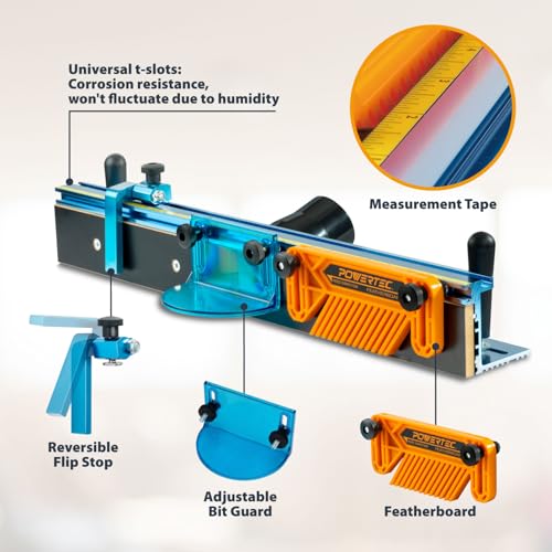 POWERTEC Router Table Fence Kit Deluxe System 3-3/8” Tall 24" Long, Router Table Top, Routing Tables for Woodworking w/Reversible Flip Stop, Dust Port, Adjustable Bit Guard, Featherboard - 71536 - color: Router Table Fence Kit