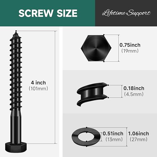 (6Sets) 1/2" x 4" Hex Head Lag Bolts, Heavy Duty Lag Screws with Washers, 304 Stainless Steel, 1/2 Bolt for Wood, Partial Thread, Black Oxide - size: 1/2" x 4"