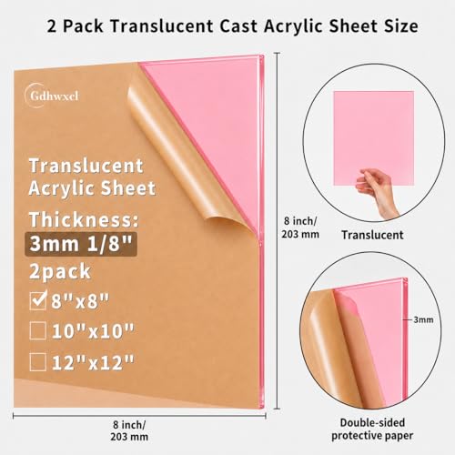 1/8 Thick 8 x 8 inch Translucent Acrylic Sheets - 2 Pack Colored Plexiglass Sheets for Creative DIY Projects Laser Cutting Engraving UV Printed Signs Crafts Badges (2, Pink, 8 x 8 inch) - color: Pink, size: 8x8 inch