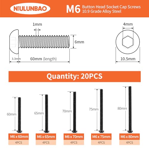 M6 x 60mm 65mm 70mm 75mm 80mm Button Head Socket Cap Screws Bolts 10.9 Grade Alloy Steel Metric Machine, Black Oxide Finish, Allen Hex Drive, Fully Threaded, Assortment Kit 20PCS - size: M6 x 60/65/70/75/80mm (20PCS)