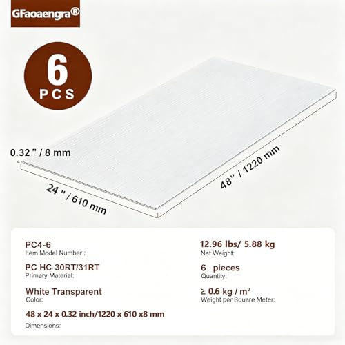 6 PCS Polycarbonate Greenhouse Panels, 48×24×0.32in - size: 48×24×0.36in