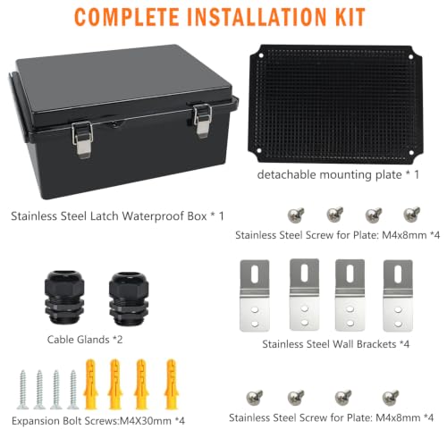 Electrical Junction Box, IP67 Waterproof Outdoor Box ABS Plastic Enclosure with Stainless Steel Latches & Brackets, Hinge Black Cover Project Box with Mounting Plate 11"x7.5"x5.1" - color: Black, size: 11"x7.5"x5.1"