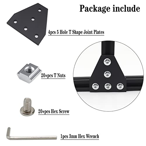 10pcs Corner Bracket Plate Black 2020 Series 5 Hole T Shape Joint Plates with 50pcs M5 T Nuts + 50pcs M5x8mm Screws + 1pcs Wrench for Slot 6mm 20S Aluminum Rail Accessories(10PCS T Shape) - style: 10PCS T Shape black