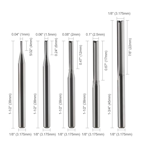 1/8 Inch Straight Router Bits Set (CED 1.0mm 1.5mm 2.0mm 2.5mm 3.175mm) Milling Cutter 2 Flutes Double Edged CNC Cutting Tungsten Steel for Wood MDF Acrylic Milling