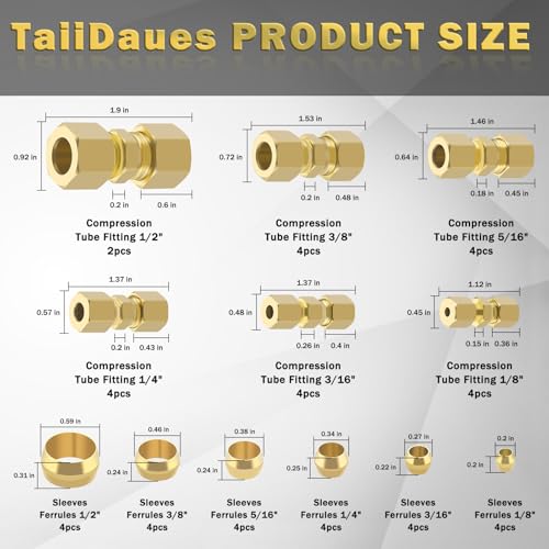 46pcs Brass Compression Tube Pipe Fittings Assortment Kit,1/8" 3/16" 1/4" 5/16" 3/8" 1/2" OD Compression Union Connector & Compression Sleeves Ferrules - size: 46Pcs Compression Kit