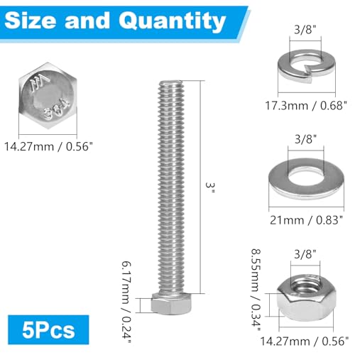 5 Sets 3/8-16x3 Hex Head Screw Bolt,Nuts,Flat & Lock Washers - size: 3/8-16 × 3"