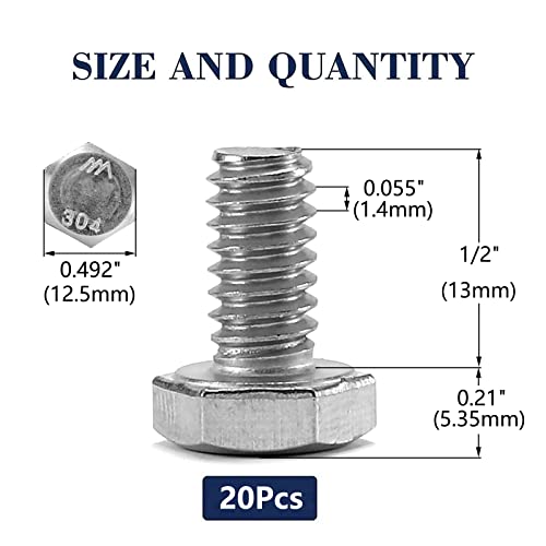 5/16-18 x 1/2" Hex Head Screw Bolt, 20Pcs 18-8 (304) Stainless Steel, Fully Threaded, Plain Finish, by SG TZH