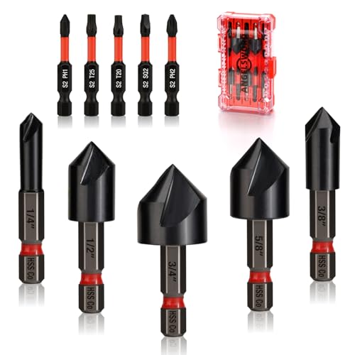 ANGELSWORD Countersink Drill Bit Set for Metal, M35 Cobalt TiAlN Coat, 5pc