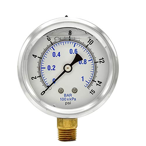 PIC Gauges PRO-201L-254B Bottom Mount Glycerin Filled Dual Scale Pressure Gauge w/ SS Case/Bezel, Brass Internals, Plastic Lens, 2.5" Dial, 0-15 psi Range, 1/4" Male NPT - style: 0-15 PSI