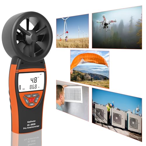 Handheld Vane Anemometer Air Flow Tester, Kethvoz Digital Wind Speed Meter Measure Air Velocity 0.3~30m/s, Test Temperature Humidity, Portable Carrying Case Included