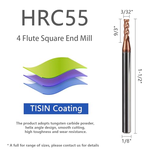 5PCS Micrograin Carbide Square End Mill Set with TISIN Coated - 3/32" 4 Flute CNC Milling Bits for Hardened Steel/Cast Iron/Alloy Steel - HRC55 - size: 3/32 in