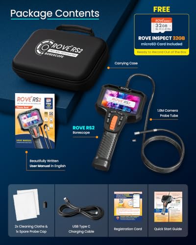 ROVE RS2 Articulating Borescope Camera with Light, 2-Way 210°, 32GB Card