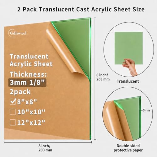 Translucent Acrylic Sheet 1/8 Thick - 2PC 8x8 inch Colored Square Plexiglass Panel for DIY & Decor, Sign Making, Light Diffusing - Easy to Cut, CO2 Laser Engraving - Green - color: Green, size: 8x8 inch