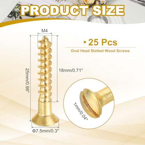 PATIKIL M4 x 25mm Slotted Wood Screw, 25 Pack Solid Brass Oval Head - size: M4x25mm