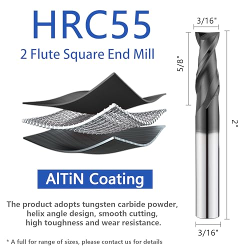 3/16" Tungsten Carbide Square End Mill 2 Flute Micro Grain Milling Bits Set,AlTiN Coating,for Milling Alloy Steels,Cast Iron,Carbon Steel(5PCS) - size: 3/16 in