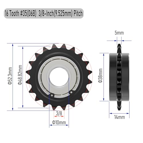 16 Tooth Roller Chain Sprocket, 49mm OD 8mm Bore 3/8" Pitch Chain Idler Sprocket, Single Bearing Black Oxide Finish C45 Carbon Steel for ISO 06B Chain - size: 10mm Bore 16 Tooth