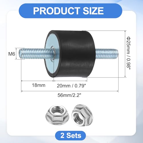 uxcell 2Pcs M6 x 18mm Rubber Mounts, 20 x 25mm Cylindrical Anti Vibration Isolator Studs Shock Absorber Double Studs with Nuts for Car Bobbin Generator Air Compressors - size: M6 x 18mm, 20 x 25mm