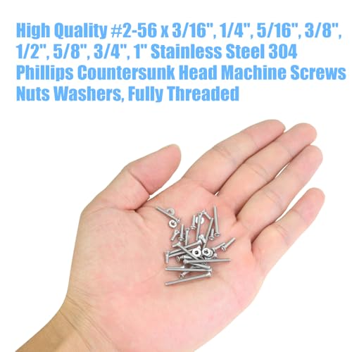 DYWISHKEY 256 Pieces #2-56 x 3/16", 1/4", 5/16", 3/8", 1/2", 5/8", 3/4", 1" Phillips Countersunk Head Machine Screws Nuts Washers Assortment Kit, 2-56 Screw Kit, 304 Stainless Steel - size: #2-56, style: Phillips Countersunk Head