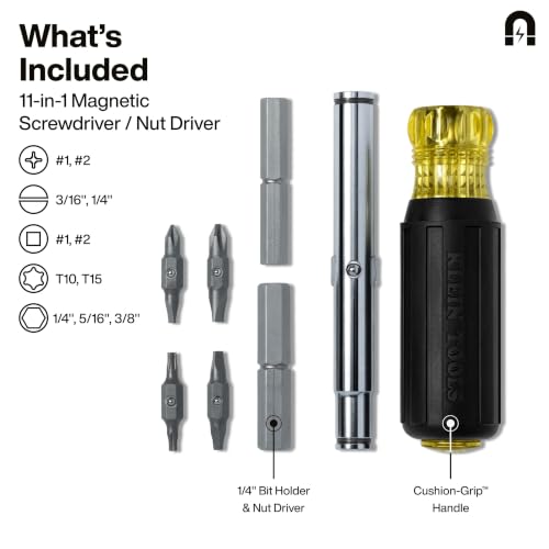 Klein Tools 32500MAG Magnetic Multi-Bit Screwdriver / Nut Driver, 11-in-1 Multi Tool with 8 Bits, 3 Nut Driver Sizes, Cushion Grip Handle - style: Magnetic 11-in-1