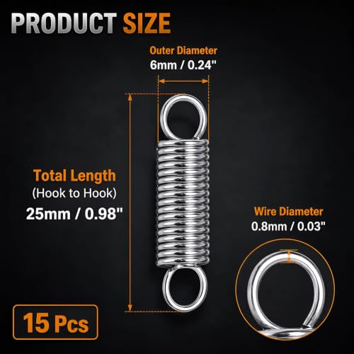 15Pcs 1 Inch Extended Tension Springs, 0.03" Wire Dia x 0.24" Outer Dia - size: 0.8x6x25mm