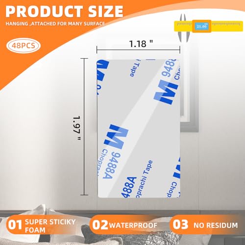 Double Sided Tape HeavyDuty,Double Sided Tape for Walls,48Pcs 2 Sided Sticky Waterproof Pads,1.96 * 1.18 Inch Super Strong Removable Double-Sided Foam, Mounting Black Hanging Tape for Home & Office - color: Pack of 48 Rectangles