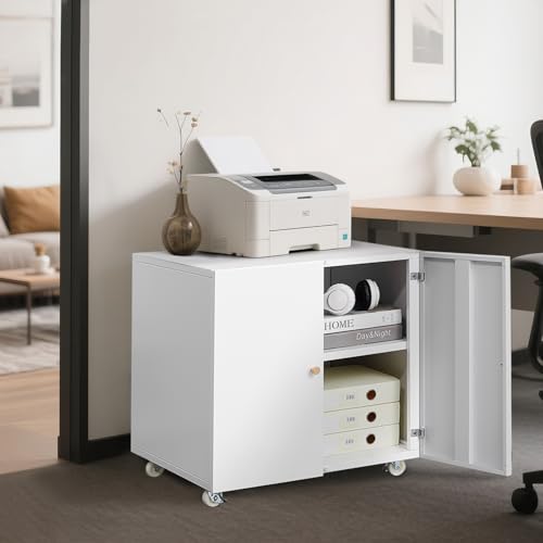 Rolling Metal Fridge Printer Stand Cabinet with Storage, White - color: White - 24''wx24''dx24''h