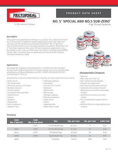 RectorSeal No. 5 27541 Pipe Thread Sealant, Lubricates & Protects Threads, Soft Setting, Slow Drying, & Permits Easy Breakout, Contains No Other Metals, 1 Pint