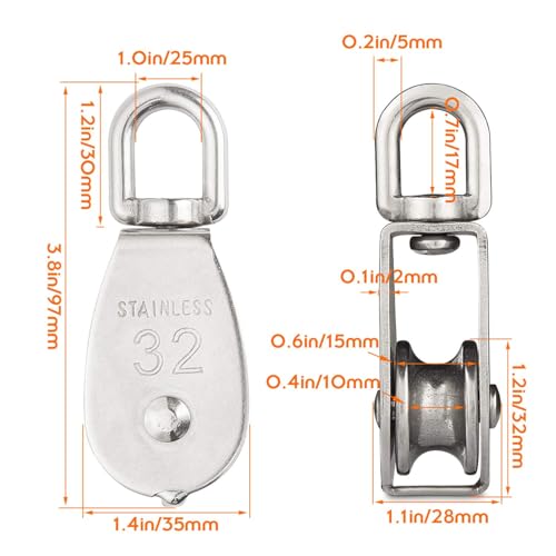 6 Pcs M32 Single Pulley Black Loading 440 lbs, STARVAST Stainless Steel Heavy Duty Swivel Lifting Rope Pulley Block 32mm Pulley Roller - size: M32-6PCS