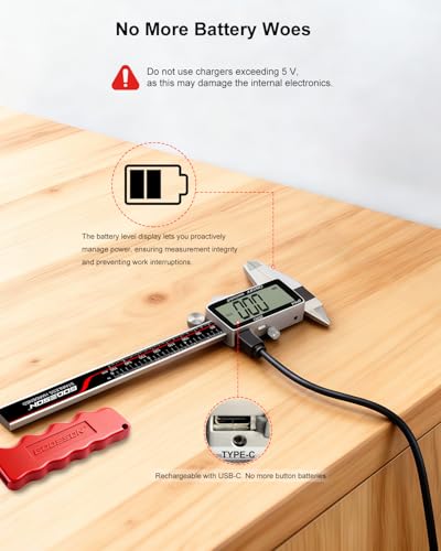 Digital Caliper, 6 Inch Rechargeable & Power Indicator Caliper Measuring Tool - 0.01mm Accuracy, Large LCD Vernier Calipers - IP54 & Full Stainless Steel, MM/Inch/F for Wood Working, DIY,3D - size: 6"-USB‑C