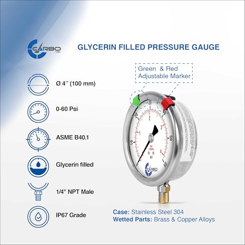 60 PSI Glycerin Liquid Filled Pressure Gauge, 4" Dial, 1/4 NPT Lower Mount, 304 Stainless Steel Case, Brass Wetted Parts, Dual Scale PSI/Bar - ASME B40.1 Grade A - size: 0-60 Psi, style: STANDARD