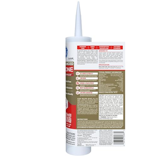GE Advanced Silicone Caulk for Kitchen & Bathroom, Clear, 10 fl oz Cartridge, 1 Pack - 100% Waterproof Silicone Sealant, 5X Stronger Adhesion, Shrink & Crack Proof - size: Pack of 1, style: Clear