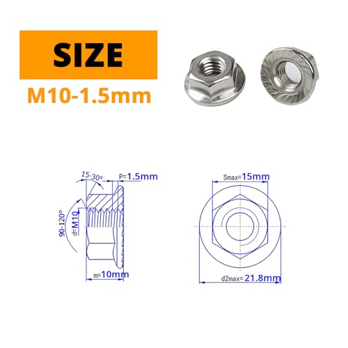 M10-1.5mm (20 Pcs) Serrated Hex Flange Lock Nuts, 304 Stainless Steel Bright Finish Full Thread Hex Drive - size: M10(20PCS)