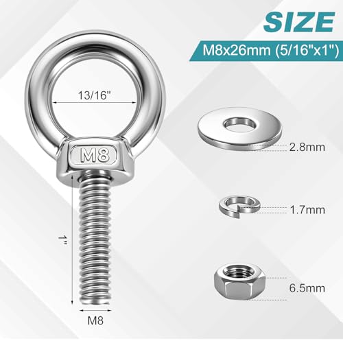 304 Stainless Steel Eye Bolt, M8x26mm (5/16"x1") Heavy Duty Eye Bolts with Nuts Washers, 2 Pack Lifting Ring Eye Bolt for Hanging String Lights Outdoor Tie Down - size: M8x26mm(5/16"x1")