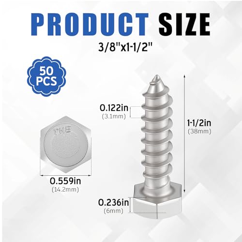 Zonon 50 Pcs 3/8'' X 1-1/2'' 304 Stainless Steel Lag Screw for Wood, Silver - color: Silver, size: 3/8" X 1-1/2"