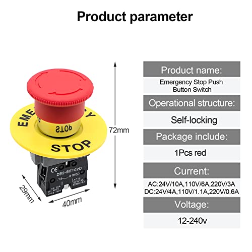 1Pack Red Mushroom Head Emergency Stop Push Button Switch Press - style: Red Mushroom Head Emergency Stop Switch 1NC