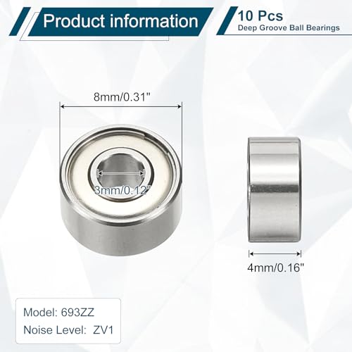 uxcell 10Pcs 693ZZ Deep Groove Ball Bearings, 3x8x4mm Chrome Steel - size: 693ZZ (3x8x4mm)