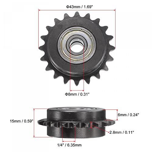 uxcell #25 Chain Idler Sprocket, 8mm Bore 1/4" Pitch 20 Tooth Tensioner, Black Oxide Finish C45 Carbon Steel with Insert Double Bearing for ISO 04C Chains - size: 8mm