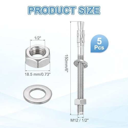 MECCANIXITY 5 Pcs Wedge Anchors, 1/2" x 6" Stainless Steel Concrete Anchors Bolts, Heavy Duty Standard Fastener for Cement Wall Base Bracket (Include Washers Nuts, Silver Tone) - size: 1/2" x 6"