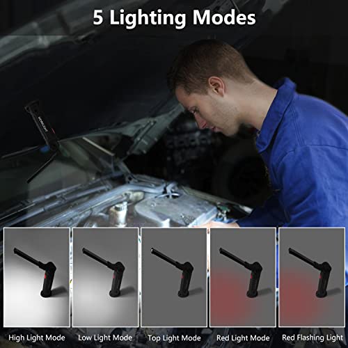 Working Light Portable, Rechargeable Work Lights with Magnetic Base Hanging Hook,360° Rotate 5 Modes,COB LED 800 Lumens Foldable Inspection Light for Car Repair, Grill and Outdoor Use(2pack) - color: Black*2
