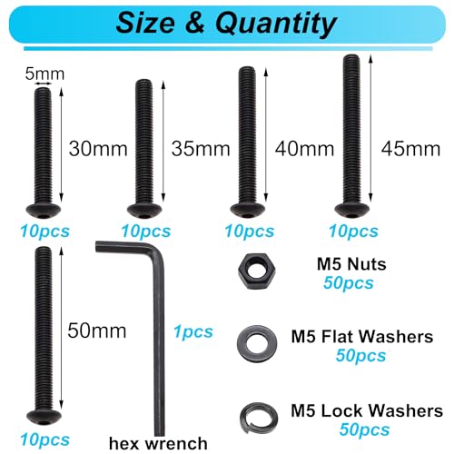 200PCS Black M5 Button Head Hex Socket Cap Screws, M5 x 30/35/40/45/50mm Metric Screws Bolts Nuts Washers Assortment Kit, 10.9 Grade Alloy Steel - color: BK-M5 x 30-50mm
