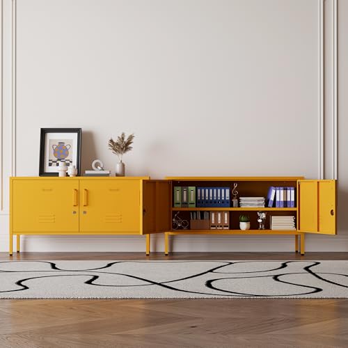 Yellow Wide 2-Door Lockable Metal TV Stand with Storage Locker, Heavy Duty Multifunctional Entertainment Center with Adjustable Shelves, Storage Cabinet for Home, Bedroom, Entryway and Hallway - color: Mustard, style: TV stand-24"H-LK