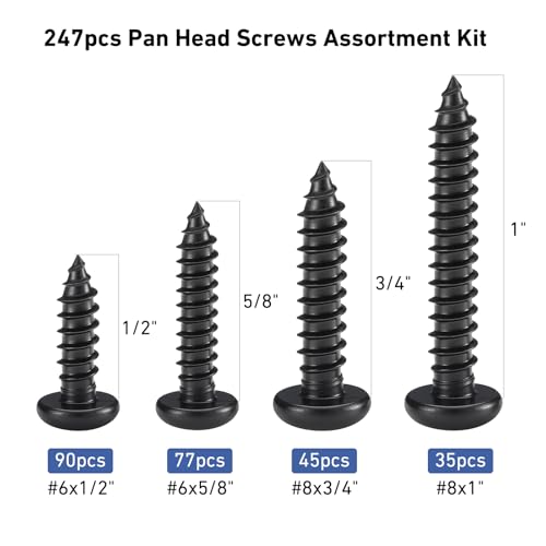 247Pcs Pan Head Wood Screws Assortment Kit, #6#8 Black Oxide Stainless Steel 304 Self Tapping Screws Set, Phillips Drive, Sheet Metal Screws - color: Black, size: #6/#8 Assorted
