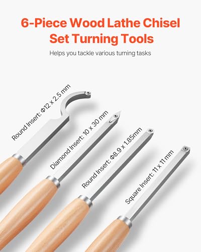 VEVOR Wood Lathe Turning Tool Set, 6PCS, Lathe Roughing, Finishing, Detailing Hollow Tool with Wooden Handle, Diamond Round Square Carbide Inserts, Wooden Box, for Beginners, Hobbyists, Professionals - size: 17.5 in