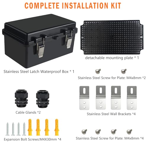 Electrical Junction Box, IP67 Waterproof Outdoor Box ABS Plastic Enclosure with Stainless Steel Latches & Brackets, Hinge Black Cover Project Box with Mounting Plate 8.3"x5.1"x4.3" - color: Black, size: 8.3"x5.1"x4.3"